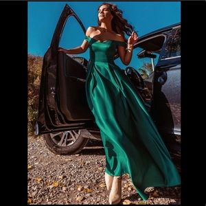 Off Shoulder Pleated Satin Dress